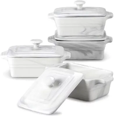 Obrázok produktu pre Vysoko kvalitná zapekacia misa – obdĺžnikový tvar – 4 diely – 390 ml – mramorový vzhľad – forma na pečenie