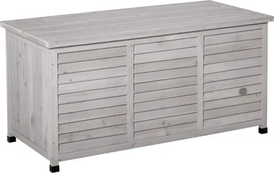 A grey wooden storage box with a slatted front and lid, resting on four black legs.