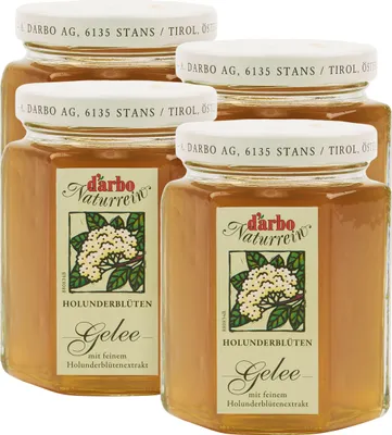 Produktbild von Food-United GELEE aus Holunderblüten-Extrakt von DARBO Naturrein 4x 200g Glas fruchtig und veganer Brot-Frucht-Aufstrich Holunderblütengelee perfekt für Füllungen Brot und Brötchen Kuchen Porridge Pudding Frühstück Gebäck Eiscreme Torten