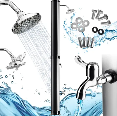 A collage of images showing a solar shower, its components, and water effects.