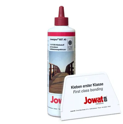 Produktbild von Jowat Jowapur 687.40 1K PUR Klebstoff 0,5 kg Set inkl. Leimspachtel – D4 Kleber für Hartholz, HPL/CPL, Metall & Schiffsbau (IMO )