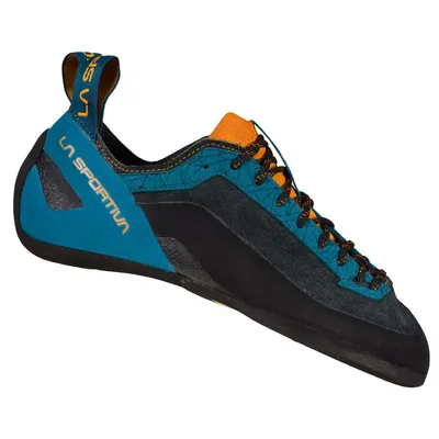 Schnür-Kletterschuh "Finale" von La Sportiva in Blau und Schwarz mit orangefarbenen Akzenten.