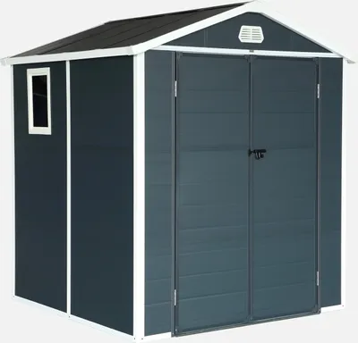 A dark grey plastic garden shed with a white trim and a black roof, shown from a three-quarter angle against a white background.