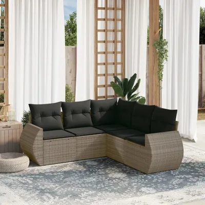 Produktbild von Design 5-tlg. Garten-Sofagarnitur mit Kissen Grau Poly Rattan, Gartenmöbel-Sets 2024 Neu