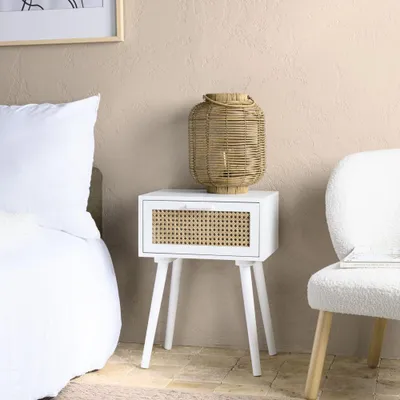 Image de SANDRO - Table de chevet blanc 1 tiroir cannage naturel et bois blanc