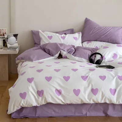Produktbild von Bettwäsche-Set 200x220 cm 3-teilig Weiß mit Lila Herzen Muster Mikrofaser