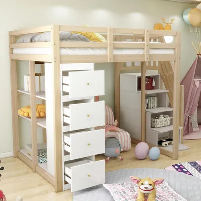 A child's loft bed with integrated storage and a play tent in the background.