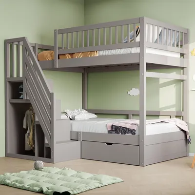 A gray bunk bed with stairs and storage is shown in a room with light green walls.