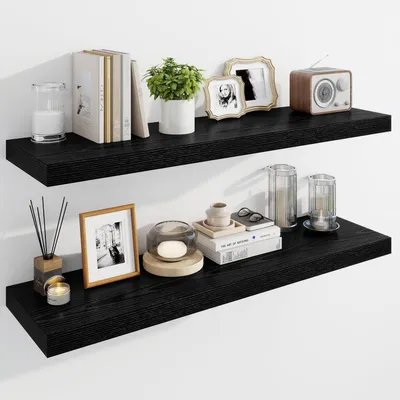 Image de Étagères murales flottantes, lot de 2, bois rustique, 100 cm, noir, avec supports invisibles