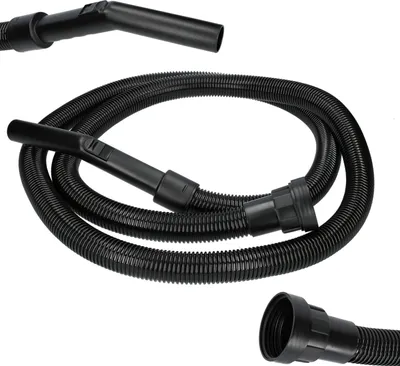 A black flexible vacuum cleaner hose with two attachments, shown against a white background.