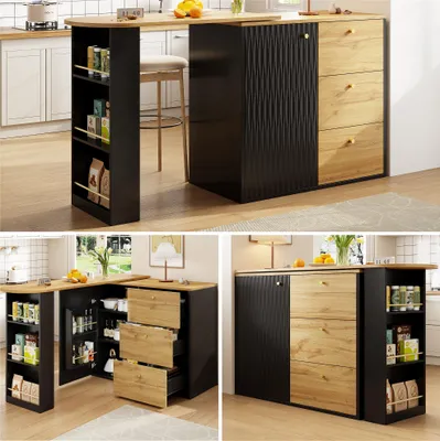 Produktbild von Ausziehbarer Bartisch mit Stauraum(138-204×39×104cm) , 360° drehbare Essbar,Moderner Beweglicher Bar Table,Hochtisch Kücheninsel Bistro Table, Sideboard mit Holzmaserung