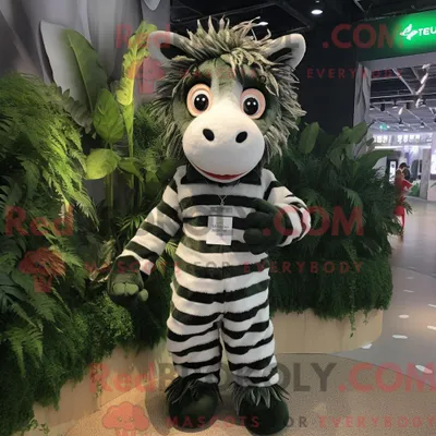 Produktbild von Maskottchenfigur REDBROKOLY eines waldgrünen Zebras mit Overall und Haarspangen