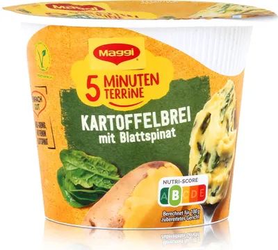 Produktbild von Maggi 5 Minuten Terrine Kartoffelbrei mit Blattspinat 47g (1er Pack)