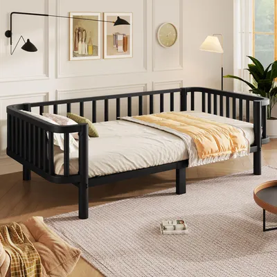 Produktbild von Merax Metall Tagesbett 90x200 cm mit Stahl Lattenrost, Daybett mit Leitplanke, Schlafsofa Bettgestell, Gästebett Jugendbett, Kinderbett, Schwarz