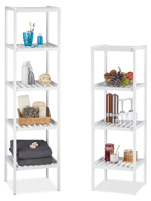 Produktbild von 2 x Bambusregal mit 4 und 5 Ablageflächen, hohes Standregal, Holzregal für Küche und Flur, weiß