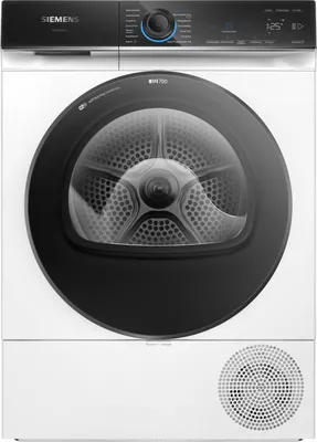 A front view of a white Siemens heat pump dryer.