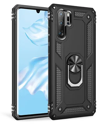 A black protective phone case with a ring holder is shown on a light gray background, with a smartphone partially visible.