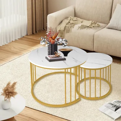Produktbild von Satztisch 2er Set,Couchtisch Rund aus Holz,Wohnzimmertisch Klein,Beistelltisch Set, Sofatisch für Wohnzimmer, Schlafzimmer, Büro, Balkon Ø60cm/40cm