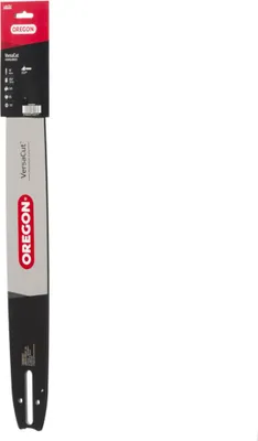 A product shot of a chainsaw guide bar in its packaging.