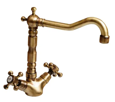 A bronze-colored kitchen faucet with two cross-shaped handles.