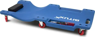 A blue mechanic's creeper with red wheels and a black headrest, shown on a white background.