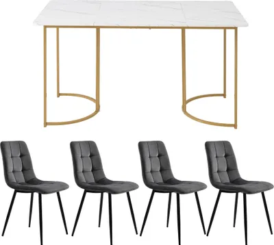 Produktbild von Flieks Essgruppe Esstisch mit 4 Esszimmerstuhl, Sitzgruppe Küchentischset 5tlg., Küchentisch mit 4 Esszimmerstuhl, Stuhl mit Samtbezug, Grau Gold