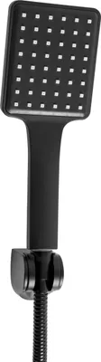 A black shower head with a hose and mount, isolated on a white background.