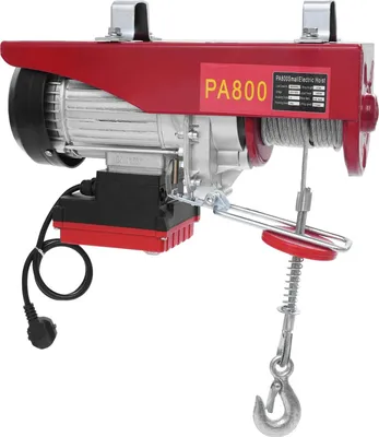Obrázek produktu pro Elektrické navijáky – elektrické kladkostroje – nosnost 800 kg – motor 1450 W – dálkové ovládání – výška zdvihu 12 m – rychlost 10 m/min – červená barva
