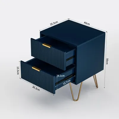 Zdjęcie produktu dla ProximaX Ciemnoniebieska szafka nocna z 2 szufladami i złotymi nóżkami - Nowoczesny design z wytłaczaną powierzchnią i praktycznym miejscem do przechowywania