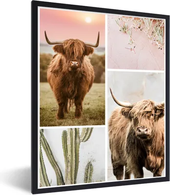 Produktbild von MuchoWow® Gerahmtes Poster Schottischer Highlander - Tiere - Pastell 60x80 cm - Poster mit Schwarzem Bilderrahmen Wandposter Rahmen Foto Bilder - Premium - Wanddeko Wohnzimmer