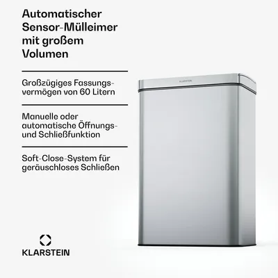 Produktbild von Klarstein 60 L Edelstahl-Sensormülleimer mit Softclose-Deckel, LED-Bedienfeld, berührungslos - zweifach unterteilter Abfalleimer für die Küche, Küchenmülleimer, Mülleimer mit 2 Fächern