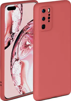 A red phone case is shown next to a phone with a pink abstract wallpaper.
