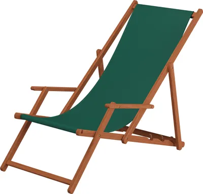 A green deckchair made of wood, shown against a white background.