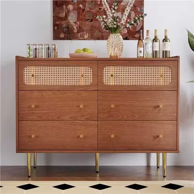 Produktbild von Flieks Kommode Sideboard mit 6 Schubladen, Rattan Kommode Wohnzimmerschränke Massivholz 120*40*90cm