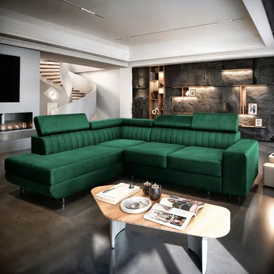 Produktbild von Masseno Narożnik NOLA L-S z funkcją spania i pojemnikiem na pościel Kształt L, Rozkładana sofa, Rogówka - Butelkowa zieleń, MONOLITH 37