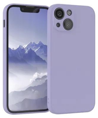 A purple phone case is shown next to a phone displaying a mountain landscape.