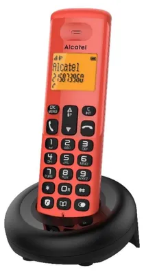 A red Alcatel cordless phone is shown on its black charging base against a white background.