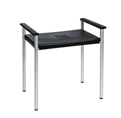 A product shot of a black and silver shower stool with armrests against a white background.