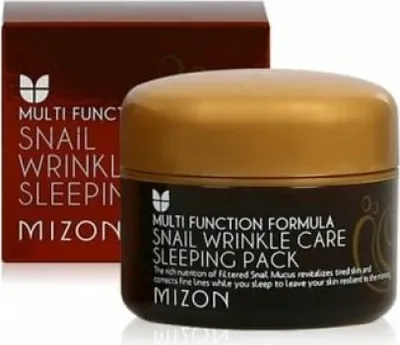 A product shot of a Mizon Snail Wrinkle Care Sleeping Pack jar and its box.