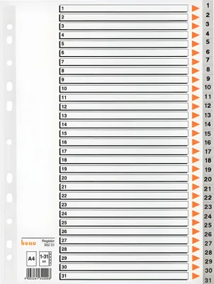 Image de Index plastique Bene, DIN A4, 31 parties, 1-31, quadrillage, 120 my, PP, gris, perforation universelle