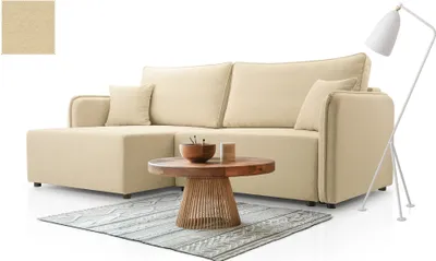 Produktbild von BETTSO Stilvolles beiges Ecksofa AURORA mit Schlaffunktion und Bettzeugablage für das Wohnzimmer Links