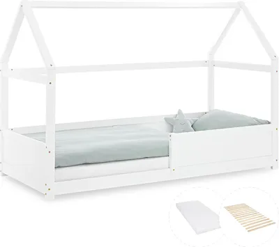 Image de Lit D'Enfant 90x200 cm avec Matelas Lit Cabane Montessori avec Barriere Lit Montessori Bébé Lit Maison