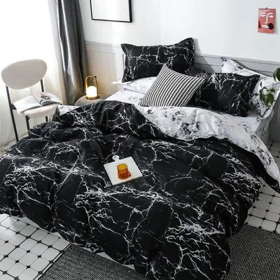 Obrázok produktu pre Posteľná bielizeň s mramorovým vzorom, 220 x 240 cm + 2 obliečky na vankúše 80 x 80 cm, čierno-biele melírované, obojstranné pre páry, posteľná bielizeň so zipsom