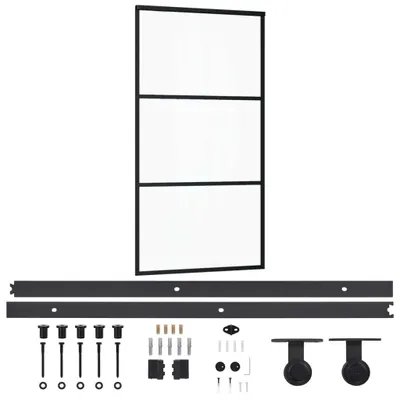 A sliding door with its hardware components laid out below it on a white background.