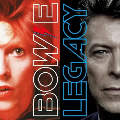 A split image showing two portraits of David Bowie, with text overlaid.