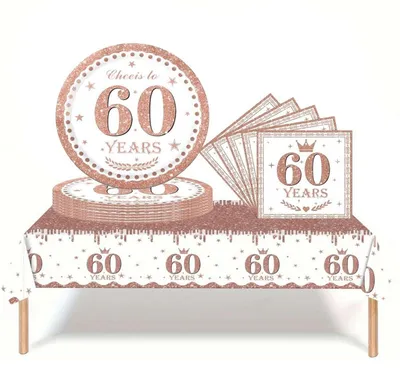 Immagine prodotto di Set di stoviglie per feste, 60° compleanno, color oro rosa, 37 pezzi: tovaglia, piatti, tovaglioli