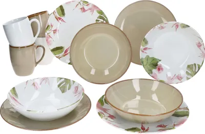 Produktbild von Ossia 12tlg Exotic Tearose sand Frühstücksset Steingut Teller Becher Schale
