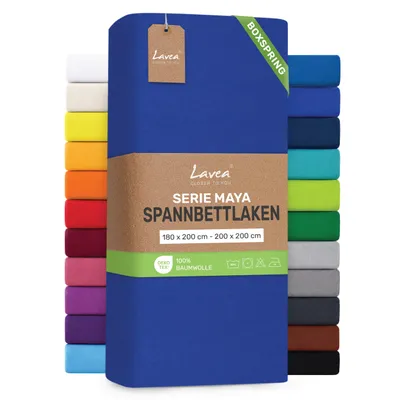 Produktbild von Lavea® Spannbettlaken 180-200x200 cm - Boxspringbett, Jersey, 40 cm Steghöhe, 100% Baumwolle, weich, atmungsaktiv, pflegeleicht, formstabil - Royalblau