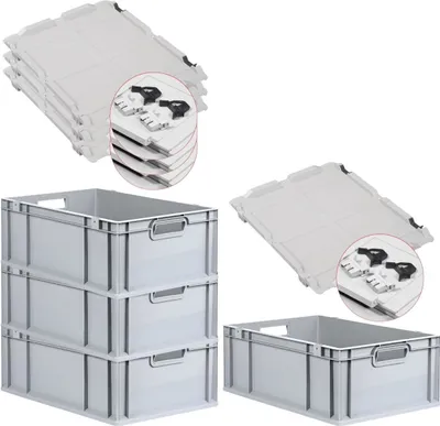 Produktbild von SuperSparSet 4x Eurobox NextGen Economy mit Scharnierdeckel und schwarzen Schiebeschnappverschlüssen | Griffe offen | HxBxT 22x40x60cm | 44 Liter | Eurobehälter, Transportbox, Transportbehälter, Stapelbehälter