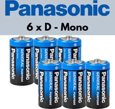 A group of six Panasonic D-size batteries are displayed against a white background.